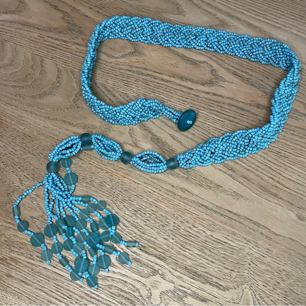 Vintage Seed Beaded Belt Woven Indonesia Boho Handmade Turquoise Blue Green